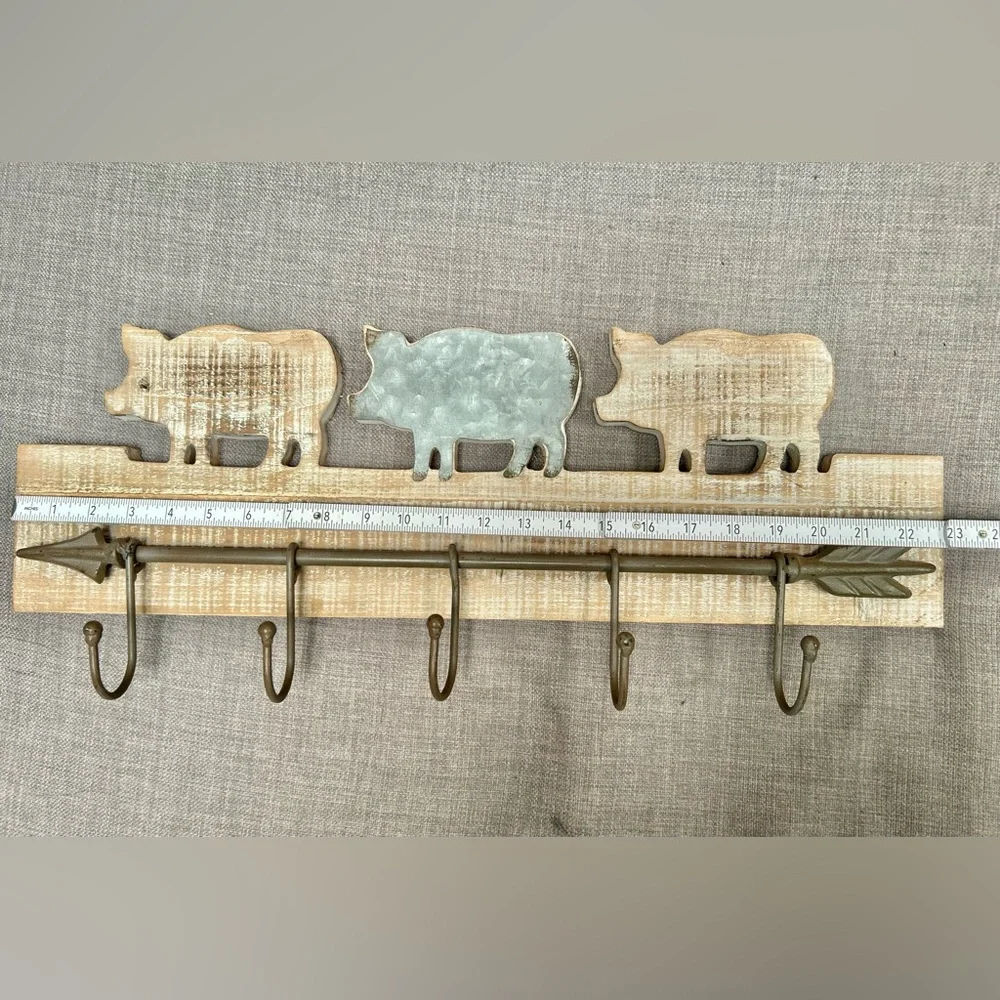PREMIER HOUSE Wood Metal 3 Pigs Coat Keys Hat Holder Hooks Farmhouse #0615256
